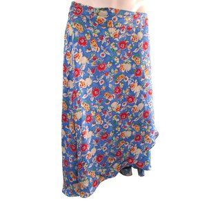 Lauren Ralph Lauren 12P Blue Floral Silk Wrap Skirt Lined Tie Waist EUC
